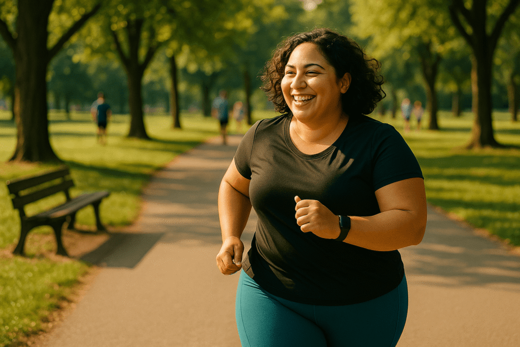 Frau im schwarzen Sportshirt joggt lachend durch einen Park auf einem sonnigen Weg